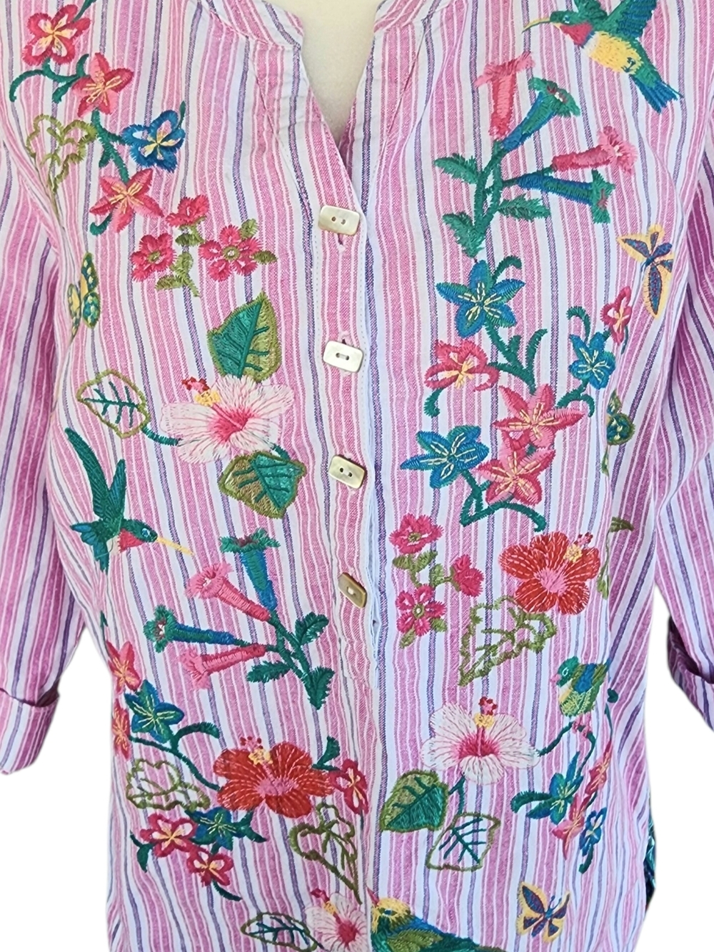Embroidery John Mark Pink Striped Tunic with Multicolor Floral & Bird. - Picture 8 of 12
